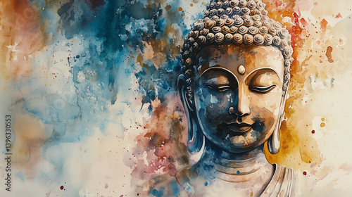 Watercolor Painting of Peaceful Buddha Face Symbolizing Serenity and Enlightenment on the Sacred Buddhist Vesak Day Celebration
