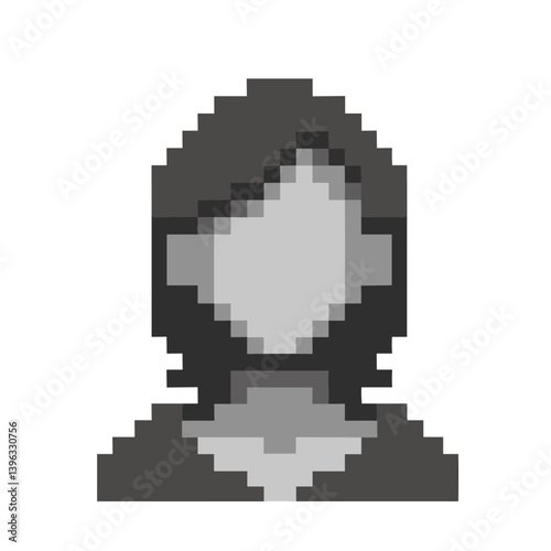 Pixelated figure in a hooded garment  