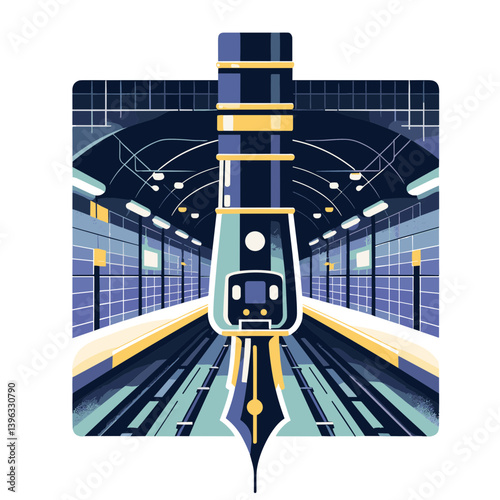 Pen nib with subway train illustration in a modern style  