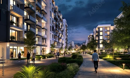 Modern apartments at night, city street, people walking, urban scene, use for real estate or architecture visuals photo