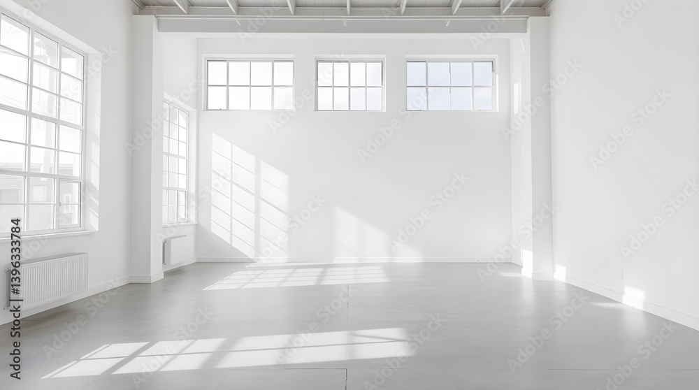 Fototapeta premium Empty modern loft interior with big windows and sunlight creating shadows on the floor