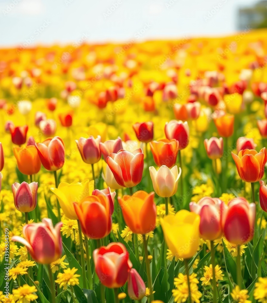 Vibrant tulips in diverse colors bloom brightly in a sun-drenched yellow meadow, bright, spring Vibrant tulips in diverse colors bloom brightly in a sun-drenched yellow meadow, bright, spring