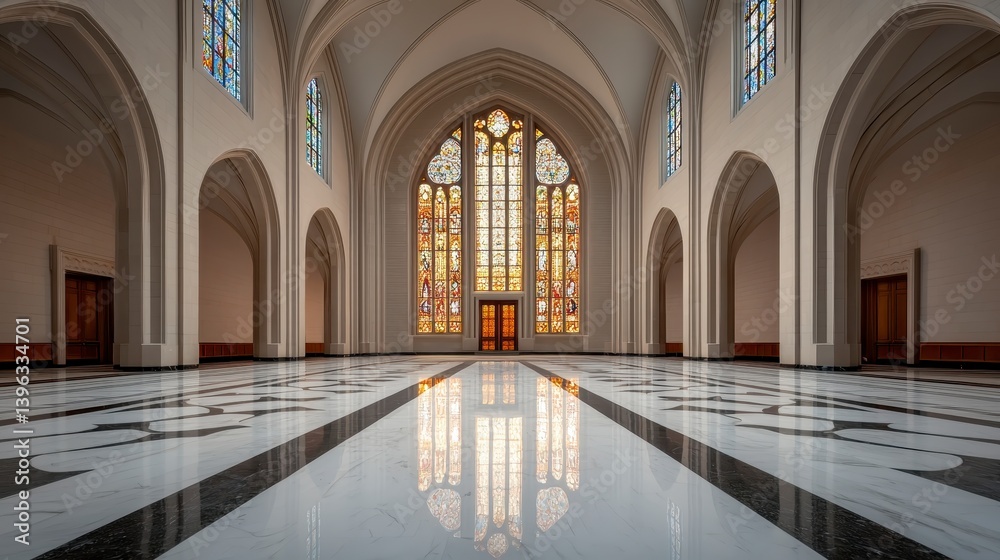 Fototapeta premium Grand Hall Interior with Stained Glass and Reflective Floor