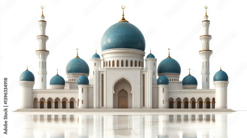Obraz premium Grand White Mosque with Blue Domes and Minarets Reflecting on Clear Surface