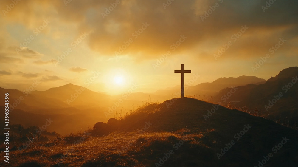 Silhouette of a cross on a hill at sunset with mountain landscape. A symbol of faith, hope, and worship, evoking belief in resurrection with minimalist design, sunlight rays, and a dramatic sky.
Silhouette of a cross on a hill at sunset with mountain landscape. A symbol of faith, hope, and worship, evoking belief in resurrection with minimalist design, sunlight rays, and a dramatic sky.