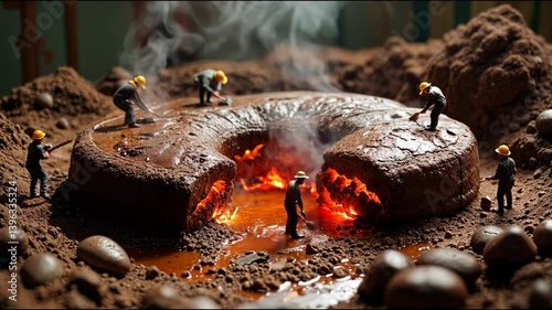 Miniature Workers Explore Fiery Chocolate Lava Landscape Photo