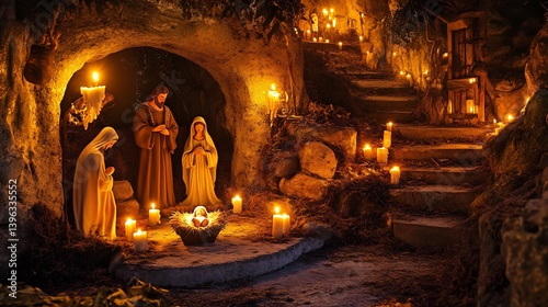 Nativity scene Mary Joseph and baby Jesus A beautifully detailed nativity setup with warm candlelight and rustic surroundings