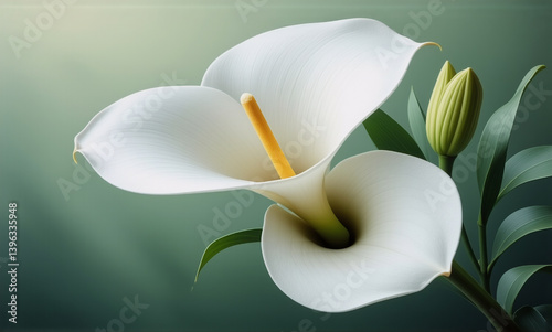 Elegant white calla lilies are showcased in a close-up view, their smooth petals and yellow spadix stand out against soft green foliage and background.
