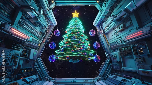 Fototapeta Naklejka Na Ścianę i Meble -  Neon lit Christmas tree floating a zero gravity space station surrounded by holographic ornaments