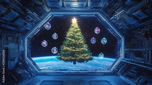 Fototapeta Naklejka Na Ścianę i Meble -  Neon lit Christmas tree floating a zero gravity space station surrounded by holographic ornaments