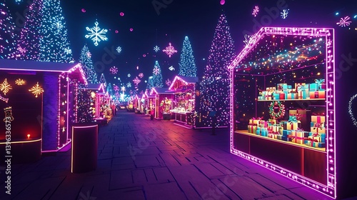 Neon lit cyber Christmas market featuring interactive holographic stall selling virtual Christmas gifts