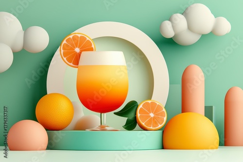 Layered Orange Cocktail with Abstract Shapes and Pastel Background