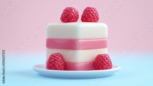 Layered Pink and White Gelatin Cube Dessert with Raspberries
