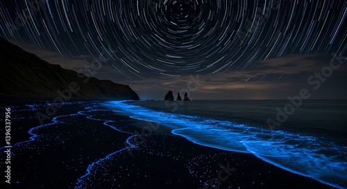Bioluminescent Plankton Illuminating A Midnight Shoreline Electric Blue Waves Crashing On Black Volcanic Sand Star Trails Visible In Moonless Sky