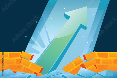 Create a powerful vector graphic of a colossal, vibrant green arrow shattering into numerous sharp fragments, conveying dynamism and forceful impact.