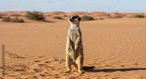 Meerkat Sentinel Standing Erect In Kalahari Desert Sharp Claws Visible On Raised Forepaws Parched Earth Stretching To Distant Dunes