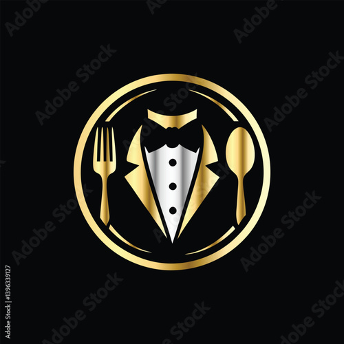 Restaurant logo design vector template. Luxury restaurant logotype. Tuxedo logo template vector illustration. Elegant elegant suit with bow tie and fork.
