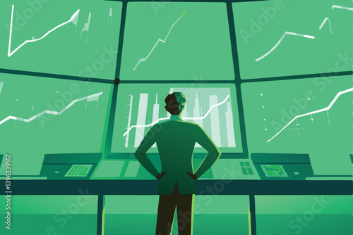 A lone trader, silhouetted against multiple glowing monitors displaying complex market data, stands confidently in a futuristic trading floor.