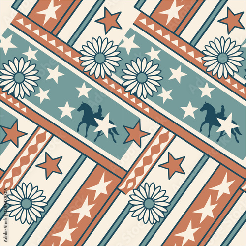 American Folk Art Vector Pattern with Horses Stars and Flowers