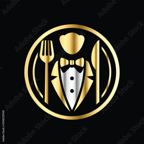 Restaurant logo design vector template. Luxury restaurant logotype. Tuxedo logo template vector illustration. Elegant elegant suit with bow tie and fork.
