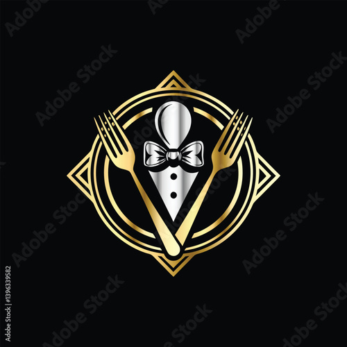 Restaurant logo design vector template. Luxury restaurant logotype. Tuxedo logo template vector illustration. Elegant elegant suit with bow tie and fork.
