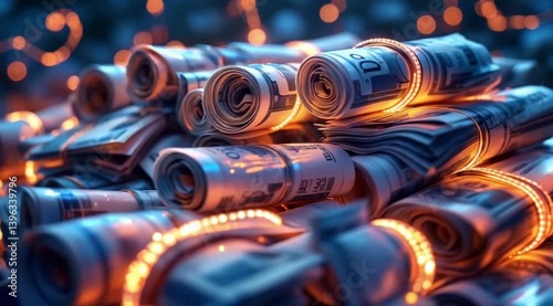 Rolled money, glowing lights, abstract art, wealth