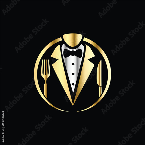 Restaurant logo design vector template. Luxury restaurant logotype. Tuxedo logo template vector illustration. Elegant elegant suit with bow tie and fork.
