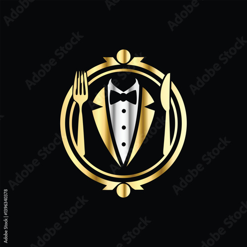 Restaurant logo design vector template. Luxury restaurant logotype. Tuxedo logo template vector illustration. Elegant elegant suit with bow tie and fork.
