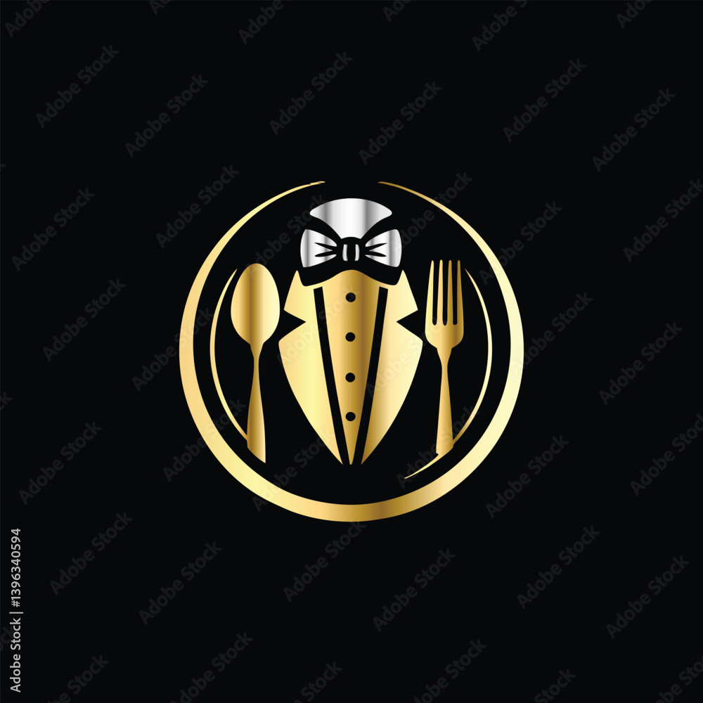 Obraz premium Restaurant logo design vector template. Luxury restaurant logotype. Tuxedo logo template vector illustration. Elegant elegant suit with bow tie and fork. 