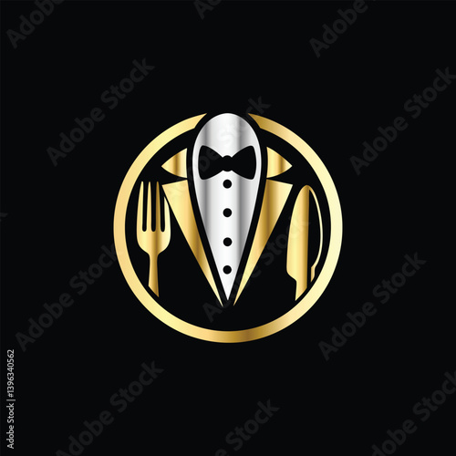 Restaurant logo design vector template. Luxury restaurant logotype. Tuxedo logo template vector illustration. Elegant elegant suit with bow tie and fork.

