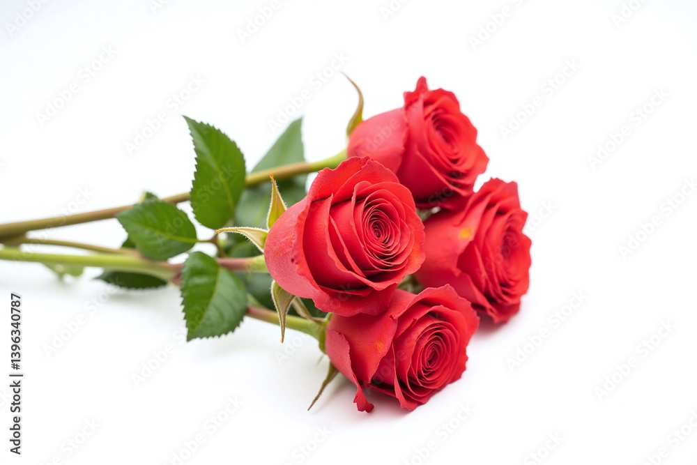 Fototapeta premium three red roses with green leaves on a white background