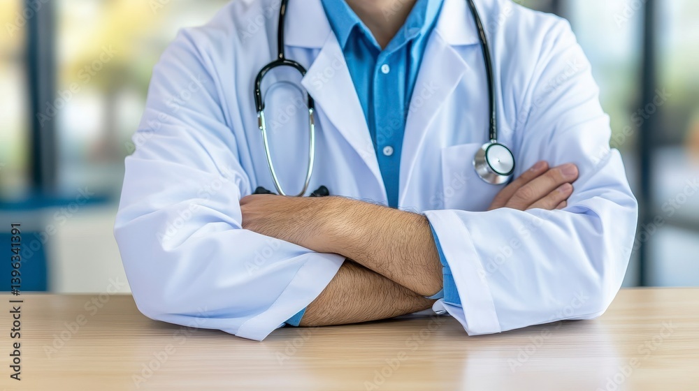 Doctor in White Coat with Stethoscope Sitting at Desk with Arms Crossed Doctor in White Coat with Stethoscope Sitting at Desk with Arms Crossed