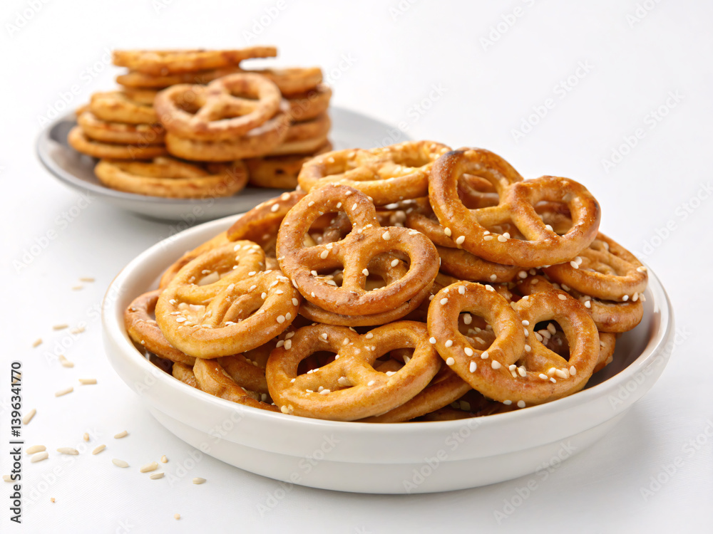A tempting bowl overflowing with golden, sesame-sprinkled pretzels, a delightful snack perfect for sharing, bathed in soft light. A tempting bowl overflowing with golden, sesame-sprinkled pretzels, a delightful snack perfect for sharing, bathed in soft light.
