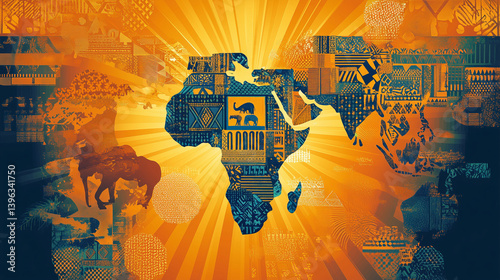 Colorful African Liberation Day Poster with Map Filled with Historical Symbols and Pan-African Cultural Representation

