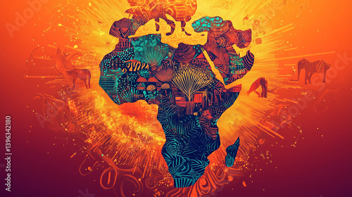 Artistic Illustration of Africa Map Celebrating African Liberation Day with Cultural Patterns and Vibrant Traditional Elements
