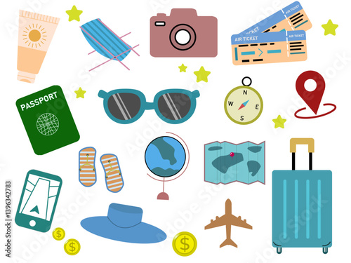 Vacation vector icons set
Icons sunglasses, beach, umbrella, summer vacation, sunscreen, sun lounger