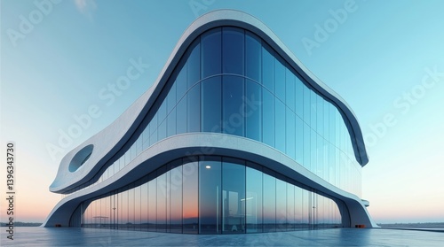 Futuristic glass building on empty square. Modern business building on blue sky background