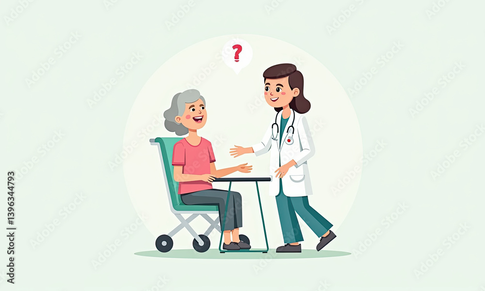 Doctor Consulting Senior Woman in Wheelchair - Flat design illustra. Doctor Consulting Senior Woman in Wheelchair - Flat design illustra.
