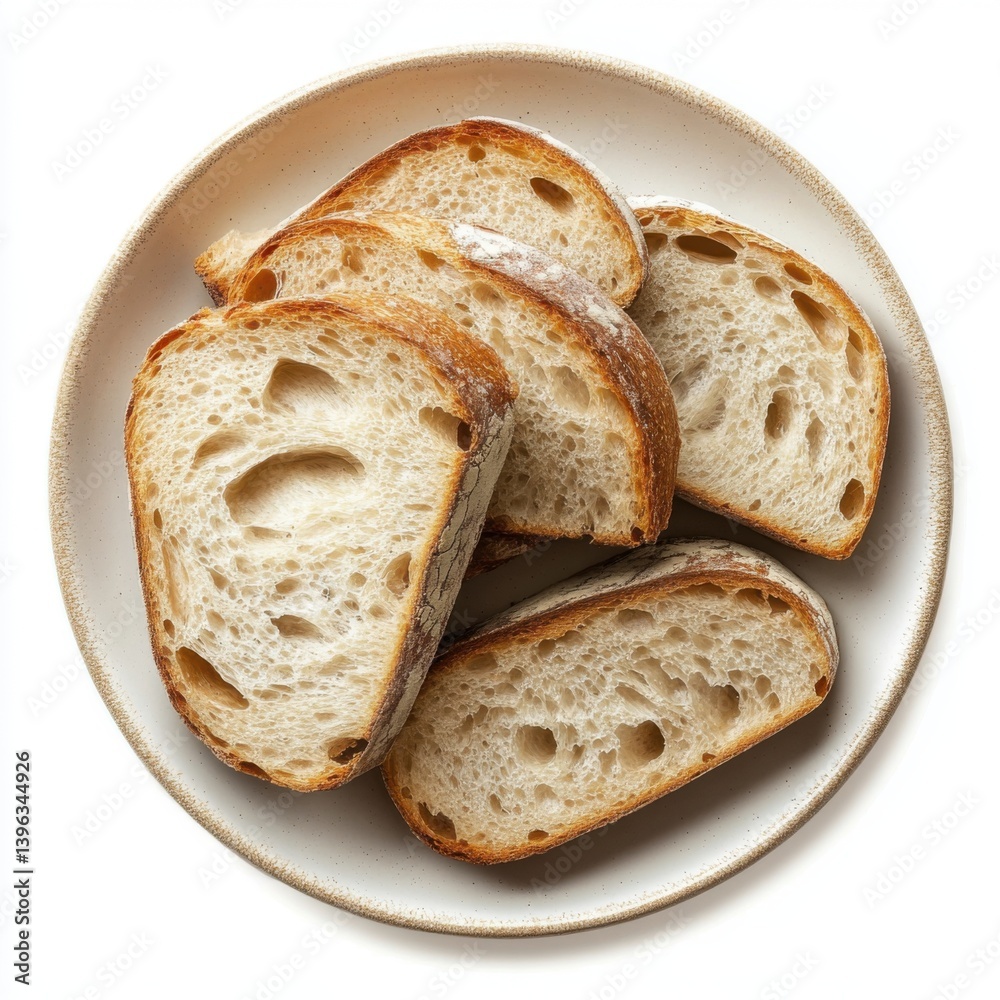 A top view of a plate of artisan bread slices, isolated on a white background A top view of a plate of artisan bread slices, isolated on a white background