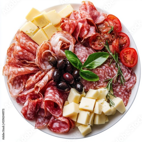 Obraz na płótnie A top view of a plate of antipasto platter with cured meats and cheeses, isolated on a white background w salonie