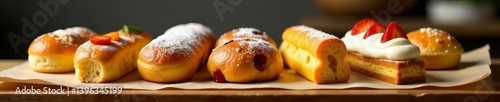 Variety of baked goods on paper piece in bakery kitchen on serving dish, bakery, isolated