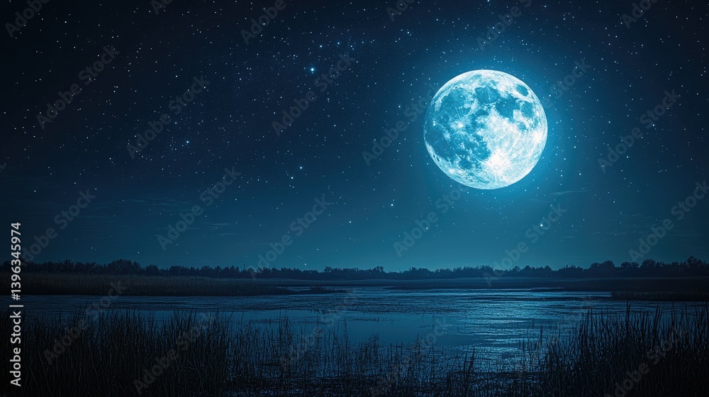 Full moon over tranquil lake at night, starry sky, nature scene Full moon over tranquil lake at night, starry sky, nature scene