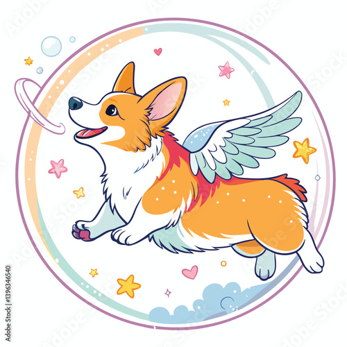 Design a bold, vector illustration of a Corgi with large, stylized angel wings.  Focus on strong lines and vibrant color.
