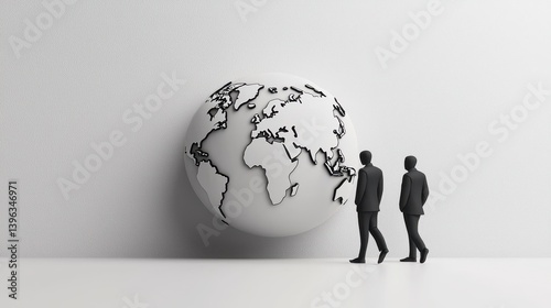 Miniature Businessmen Walking Past a Large Earth Globe Against a Textured White Wall