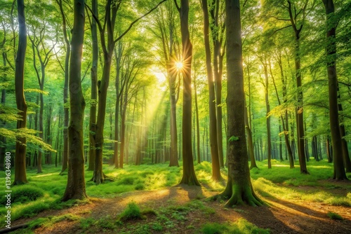 Sunbeams Illuminate a Verdant Forest Canopy at Dawn, Casting Long Shadows on the Lush Undergrowth