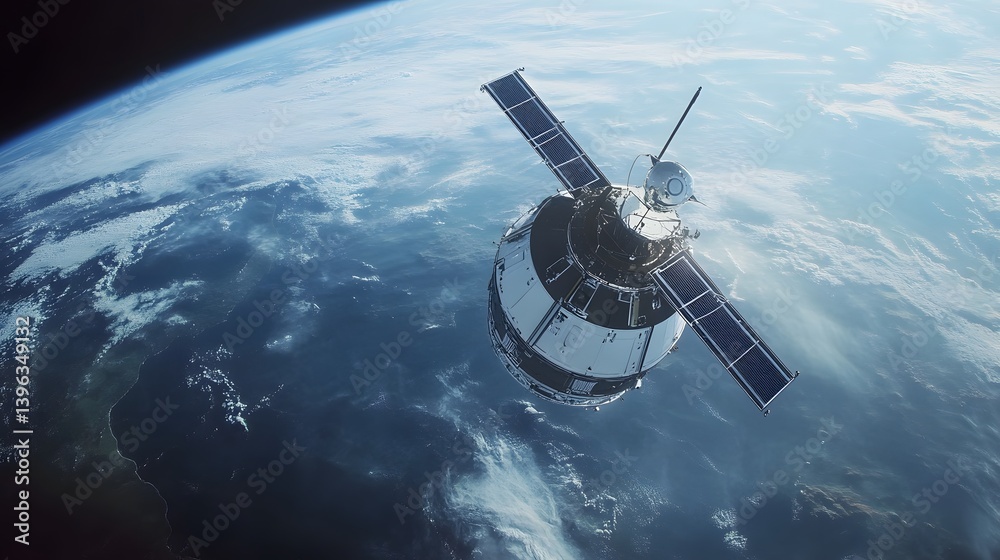 Fototapeta premium Satellite orbiting earth with visible clouds continents and space background.