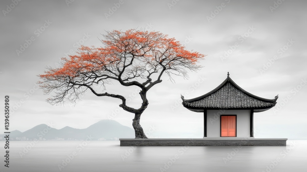 Fototapeta premium Misty Mountain Landscape with Small House and Orange Tree