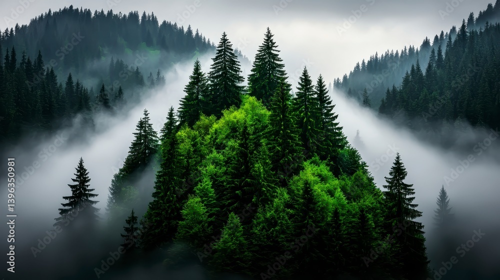 Obraz premium Misty Mountain Landscape with Lush Green Trees and Dark Evergreen Forest