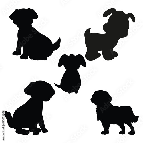 Set of Dog Silhouettes – Cartoon and Realistic Pet Animal Icons