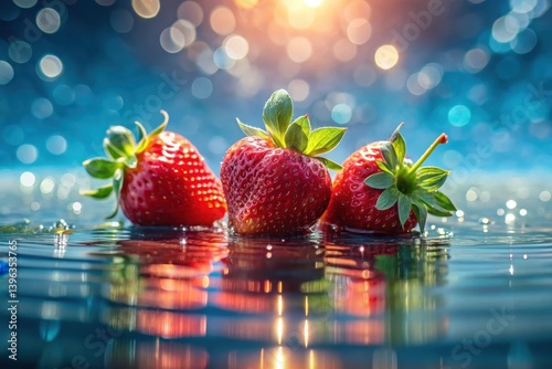 Three ripe strawberries afloat on a tranquil water surface, illuminated by a warm, golden light, creating a vibrant and refreshing summer scene.